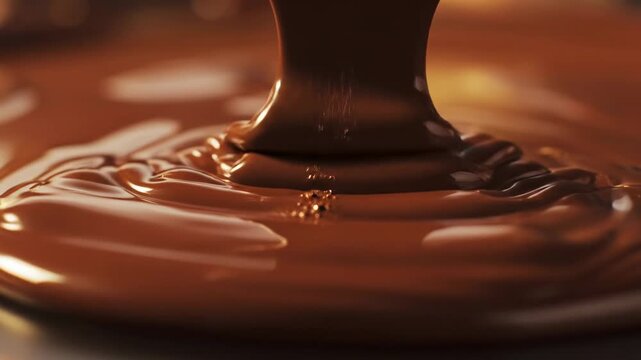 This video features chocolate melt macro with glossy surface flow and dessert concept, indulgent confectionery theme, premium food branding visual, and rich culinary texture aesthetic.