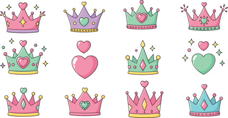 Cute princess crowns and hearts pastel cartoon collection with sparkles royal tiara vector illustration set © Vactor Itbd