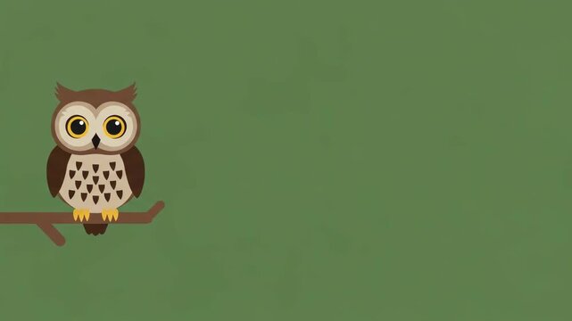 Cartoon owl flapping wings on tree branch. Cute bird character animation sequence. Educational wildlife clip for children. Vector graphic style nature illustration.