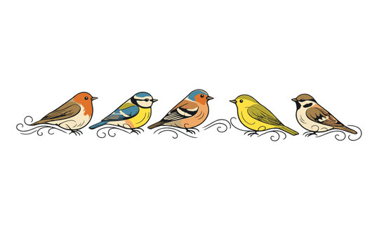 A horizontal row of five stylized garden birds including a robin