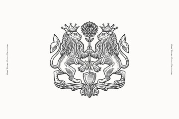 Hand-drawn heraldic emblem with two crowned lions holding a flower above a shield. Vintage engraving style illustration suitable for logos, branding, labels, packaging, tattoos, and decorative prints.