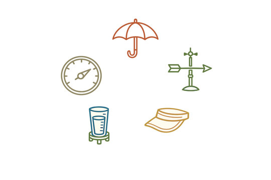 A collection of minimalist weather icons featuring an umbrella