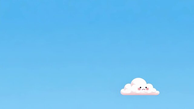 Sad cartoon cloud floating in blue sky. Animated weather character with rosy cheeks. Minimalist digital illustration of lonely cloud for children story asset.