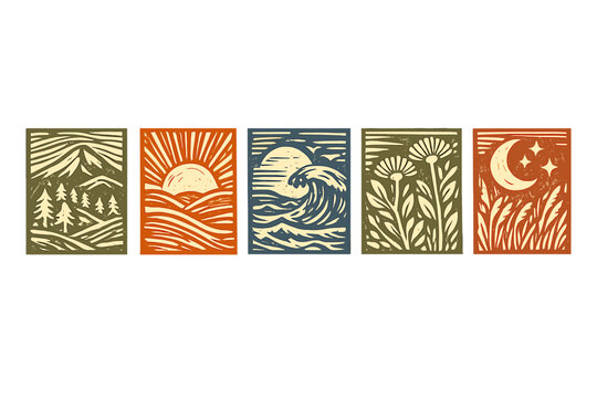 Set of five nature-themed block print illustrations in earthy tones