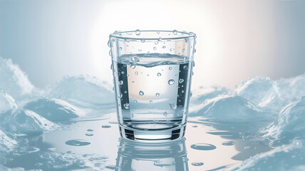 A serene, high-definition digital render of a glass of pure water surrounded by soft, ethereal vapor and rippling droplets, evoking a sense of pristine, tranquil hydration