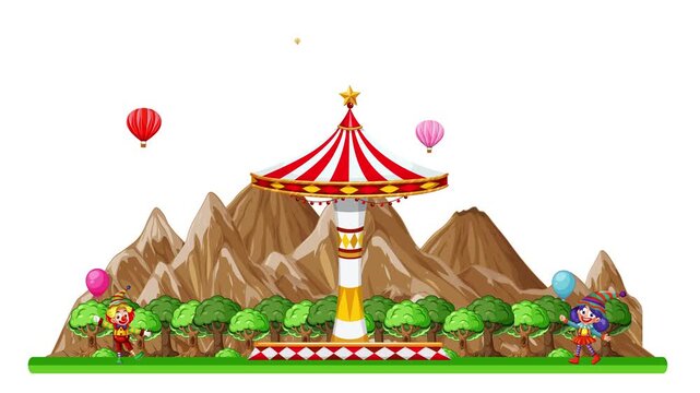 Animated Carnival Carousel with Horses and Hot Air Balloons in Mountains