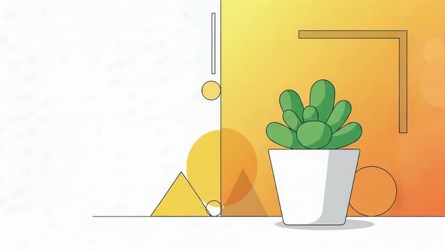 Potted succulent plant in minimalist geometric style. Vector illustration of houseplant on yellow background. Simple design element for interior decoration theme.