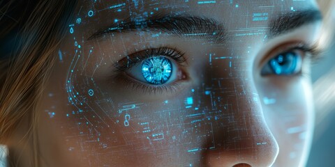 Close-up of a woman's face, featuring a hologram fusion with AI, representing digital transformation and innovation. Eyes and text symbolizing the vision for technological progress, Generative AI