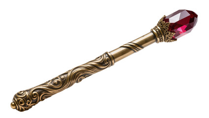Isolated ornate ceremonial staff with intricate scrollwork and brilliant red gemstone © Ivan