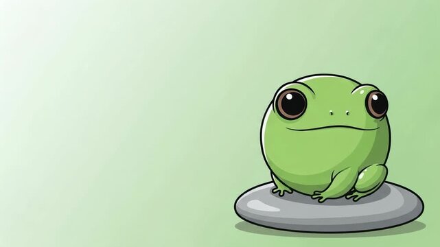 Cute little frog sitting on a stone. Illustration of a small green toad with large black eyes. Cartoon character design for kids and animation concept art.