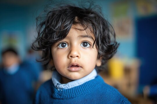 Young child with dark curly hair looking with wide innocent eyes in a classroom setting