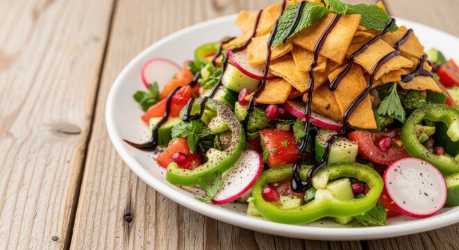 Fresh fattoush salad with pita chips on wooden table for restaurant menu