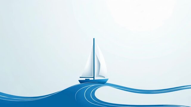 Sailboat cruising on stylized blue ocean waves. Minimalist yacht travel illustration. Nautical transportation concept for summer vacation and marine leisure design.