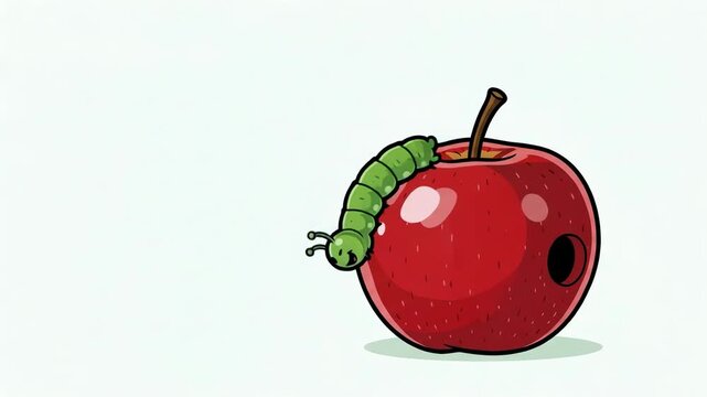 Green caterpillar interacting with red apple. Little bug crawling on fruit surface. Funny cartoon animation sequence showing nature creature and healthy food item.
