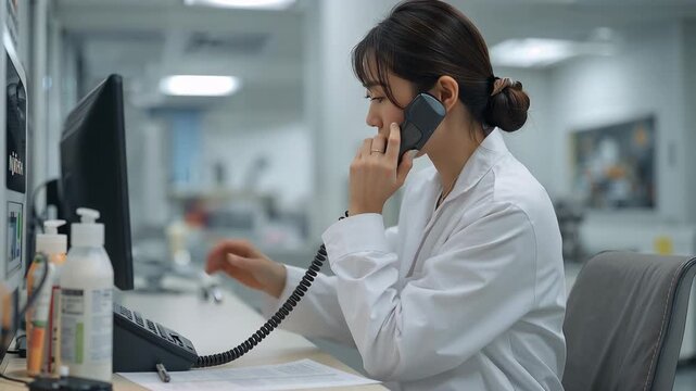 病院のナースステーションで通話し記録を確認する看護師