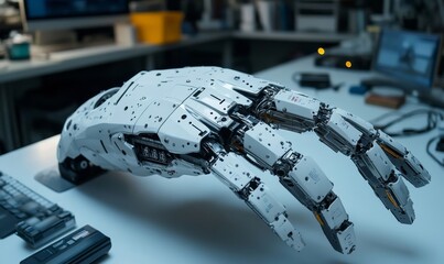 Robot hand designed for digital learning, representing futuristic industry, advanced machinery, and automation. Data science and technology modeling for engineering and android, Generative AI