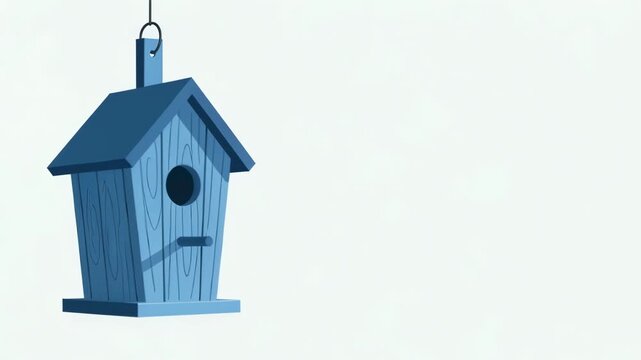 Blue wooden birdhouse hanging on string. Animated illustration of avian nesting shelter. Simple vector style graphic for gardening and nature conservation concept.
