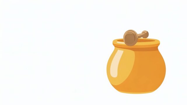 Honey dipper falling into a ceramic jar. Animation of kitchen tool dipping into sweet liquid organic product. Cute vector illustration for food design concept.