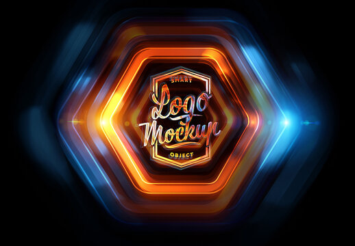 Logo Mockup with Glowing Hexagonal Orange and Blue Halos