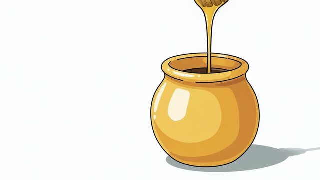 Wooden honey dipper dipping into a ceramic yellow pot. Illustration of honey dripping from a spoon. Sweet organic food concept for kitchen and breakfast menu.