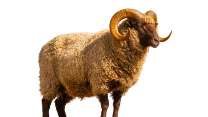 Isolated powerful ram with thick curly brown wool and impressive curved horns standing. © Ivan