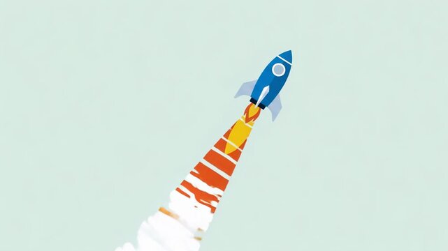 Blue rocket flying upward through sky. Cartoon spacecraft launching into space with fire trail. Adventure exploration mission concept for science and futuristic goal.