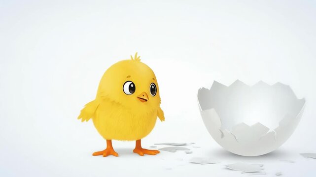 Cute yellow chick hatching from egg. Cartoon nestling stepping out of shell. Birthday or Easter character animation for holiday greeting card design illustration.