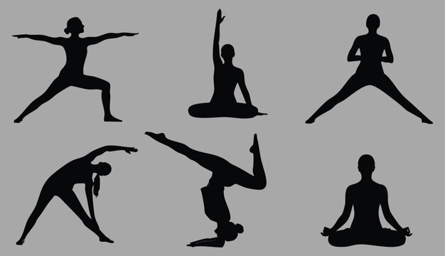 Vector silhouette collection of people doing various yoga and stretching poses, a set of six isolated exercises.