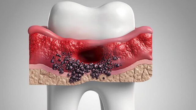 Gingival Inflammation Concept \'96 semi-realistic cross-sectional render of tooth and surrounding gum tissue, inner layers revealed with deepened periodontal pocket and darker bacterial