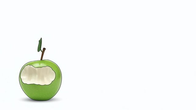 Green apple being eaten in a sequence of illustrations. Hand drawn fruit with a bite mark progressively getting larger. Minimalist nutrition food art concept.