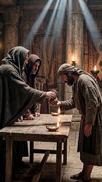 Judas Iscariot receiving money from chief priests, the betrayal plot, vertical video