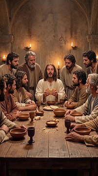 The Last Supper, Jesus breaking unleavened bread with the Twelve Disciples, vertical video