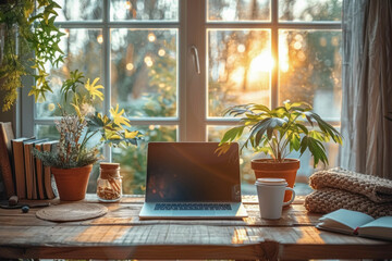 Fototapeta premium Cozy home workspace with laptop on rustic wooden desk surrounded by plants warm lights and autumn garden view through window Generative AI