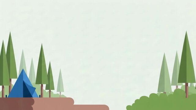 Flat illustration of blue tent in pine forest and green landscape. Minimalist digital artwork of camping in nature. Outdoor adventure and trip design concept.