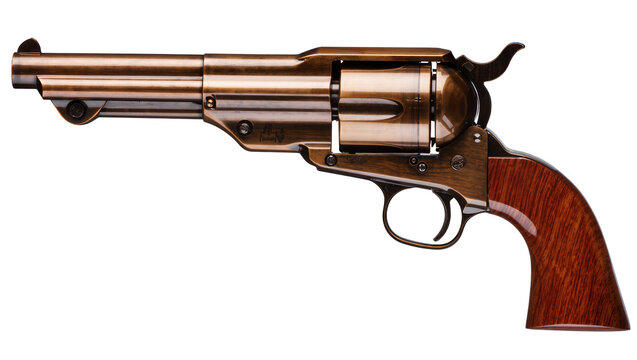 Isolated vintage style single action revolver with antique brass finish and wooden grip