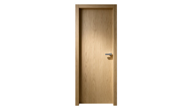 Isolated contemporary light oak wooden interior door with a minimalist frame and sleek handle.
