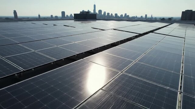 Video of eco friendly solar panel array capturing sunlight on urban rooftop, alternative energy infrastructure concept, clean technology investment and climate conscious design theme.