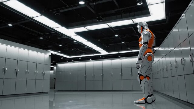 Humanoid robot stands in lockerroom. Robot faces gray locker bank under lights. Robotics technology automation artificial intelligence futuristic design implied. Reflective floor adds depth. Sleek.