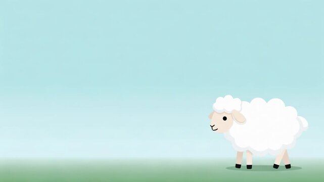 Cute animated sheep walking on green grass meadow. Cartoon lamb vector illustration for children design. Friendly animal character in simple flat graphic style.