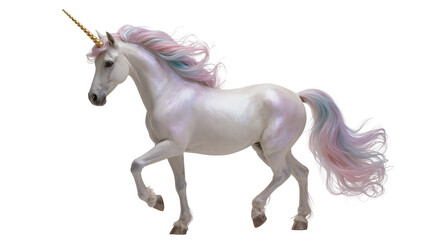 Fototapeta premium Isolated majestic white unicorn with a golden horn and flowing pastel rainbow mane and tail.
