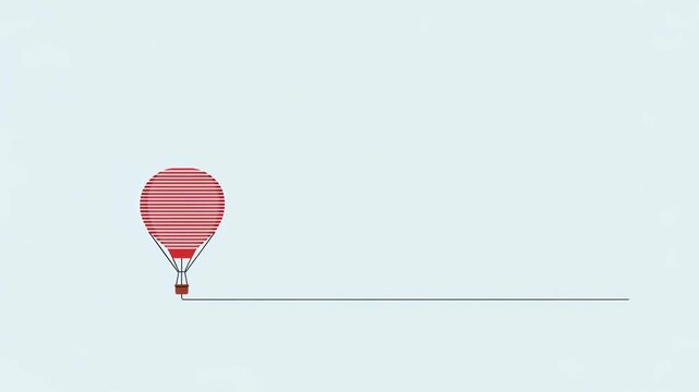Red hot air balloon flying horizontally across blue sky. Minimalist animated graphic showing flight trajectory. Simple motion design for travel and summer concept.