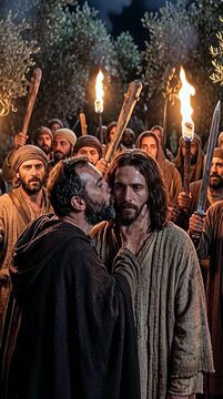 The Arrest of Jesus, Judas Iscariot kissing Jesus cheek in Gethsemane, vertical video