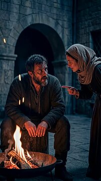 Peters Denial, Peter sitting by a glowing fire looking fearful, vertical video