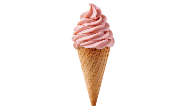Isolated delicious pink soft serve ice cream in a crispy waffle cone, a delightful summer treat