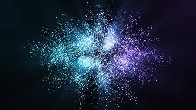 Futuristic glitter particle burst with vibrant icy cyan and subtle violet highlights, concentrated light cluster expanding gently from center before settling into rhythmic twinkle cycles, soft radial