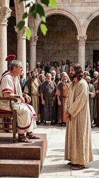 Trial Before Pilate, Pontius Pilate questioning Jesus in the Roman praetorium, vertical video