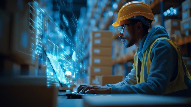 A close-up side view of a warehouse worker wearing a safety helmet while typing on a keyboard at a logistics workstation. A glowing holographic interface displaying shipment tracking, inventory charts