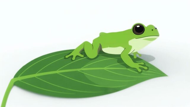 Little green frog sitting on a large leaf in a sequence. Cartoon amphibian illustration for children. Ecological nature concept with cute forest animal wildlife.