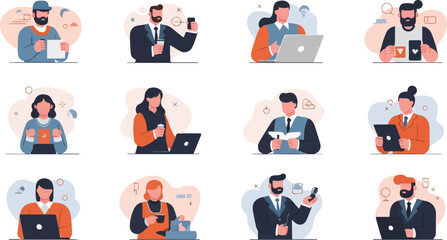 Fototapeta premium Diverse professionals engaged in work and leisure activities, each with beverages