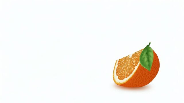 Fresh orange slice with green leaf on white background. Fruit piece for healthy nutrition concept. Illustrated citrus snack for culinary decoration and design.